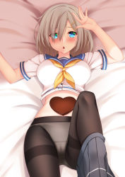 Rule 34 | 10s, 1girl, :o, bed, bed sheet, black pantyhose, blue eyes, blush, breasts, buttons, cameltoe, candy, chestnut mouth, chocolate, chocolate heart, clothes lift, eyes visible through hair, food, green eyes, grey skirt, hair ornament, hair over one eye, hairclip, hamakaze (kancolle), healther, heart, heterochromia, kantai collection, large breasts, leg up, looking at viewer, lying, neckerchief, no gloves, on back, on bed, panties, panties under pantyhose, pantyhose, pleated skirt, ribbon, school uniform, serafuku, shirt, shirt lift, short hair, short sleeves, silver hair, skirt, skirt around one leg, sleeve cuffs, solo, thighband pantyhose, underwear, valentine, white panties, white shirt, yellow neckerchief, yellow ribbon