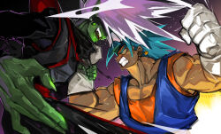 2boys artist_name black_shirt blue_eyes blue_hair clenched_hand clenched_teeth colored_skin commentary dougi dragon_ball dragon_ball_super earrings english_commentary fangs fighting from_side fused_zamasu gloves green_skin grin hair_over_eyes highres imminent_punch jewelry kimo looking_at_another male_focus multiple_boys muscular muscular_male pectoral_cleavage pectorals pointy_ears potara_earrings pulling_another&#039;s_clothes shirt smile spiked_hair super_saiyan super_saiyan_blue sweat teeth vegetto white_gloves white_hair