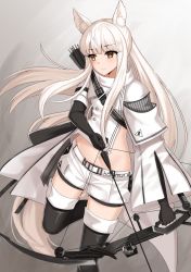 Rule 34 | 1girl, animal ear fluff, animal ears, arknights, arrow (projectile), asymmetrical sleeves, black footwear, black gloves, boots, bow (weapon), brown eyes, coat, commentary, compound bow, crop top, drawing bow, elbow gloves, expressionless, floating hair, gloves, highres, holding bow (weapon), horse ears, horse tail, kurisu-kun, leg up, long hair, long sleeves, looking away, midriff, platinum (arknights), short shorts, shorts, solo, strap, tail, thigh boots, thighhighs, uneven sleeves, very long hair, weapon, white coat, white hair, white shorts, zipper