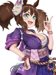 Rule 34 | animal ears, aqua eyes, breasts, brown hair, chest sarashi, cleavage, fang, from side, hand on own hip, hand puppet, horse ears, horse girl, horse tail, inari one (umamusume), japanese clothes, kimono, kouri yuni, large breasts, light blush, looking at viewer, mask, mask on head, obi, open mouth, oppai loli, puppet, sarashi, sash, scrunchie, short twintails, simple background, smile, tail, twintails, umamusume, white background, wrist scrunchie, yukata