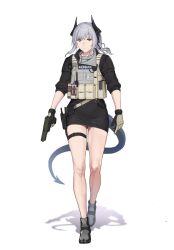 Rule 34 | 1girl, arknights, black shirt, black skirt, dragon girl, dragon horns, dragon tail, full body, grey footwear, grey hair, gun, handgun, highres, holding, holding gun, holding weapon, horns, liskarm (arknights), long hair, looking at viewer, miniskirt, ponytail, red eyes, seilindekos, shadow, shirt, shoes, simple background, skirt, solo, standing, tachi-e, tactical clothes, tail, thigh strap, thighs, vest, weapon, white background