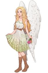 Rule 34 | 1girl, absurdres, angel wings, artist name, bare shoulders, belt, blonde hair, blue eyes, boots, brown belt, brown footwear, closed mouth, commission, copyright request, dress, feathered wings, floral print, flower, full body, gradient dress, green dress, highres, holding, holding flower, lavelis, long hair, looking at viewer, pink flower, pink lips, pink rose, print dress, rose, simple background, smile, solo, standing, white background, white wings, wings