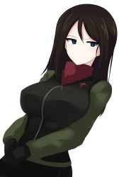 Rule 34 | 1girl, absurdres, aikir (jml5160), black gloves, black hair, black skirt, black vest, blue eyes, closed mouth, commentary, girls und panzer, gloves, green jacket, highres, insignia, jacket, light frown, long hair, long sleeves, looking at viewer, military, military uniform, nonna (girls und panzer), one-hour drawing challenge, own hands together, pleated skirt, pravda military uniform, red shirt, shirt, simple background, skirt, solo, standing, swept bangs, turtleneck, uniform, vest, white background