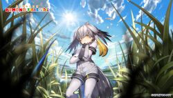 Rule 34 | 1girl, bird girl, bird tail, bird wings, blonde hair, blue sky, copyright name, elbow gloves, feathered wings, gloves, grey hair, head wings, highres, kemono friends, kemono friends kingdom, long hair, looking at viewer, multicolored hair, nature, necktie, official art, outdoors, pantyhose, shirt, shoebill (kemono friends), shorts, sky, solo, tail, two-tone hair, wings, yellow eyes