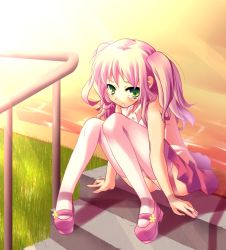Rule 34 | 1girl, grass, green eyes, pink hair, sitting, sitting on stairs, solo, stairs, tears, thighhighs