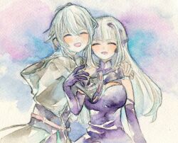 Rule 34 | 1boy, 1girl, :d, ^ ^, breasts, closed eyes, commentary request, detached sleeves, dress, eiyuu densetsu, grey hair, hair between eyes, hug, kuro no kiseki, kuro no kiseki (series), kuro no kiseki ii, large breasts, long hair, meskymeee, official alternate costume, open mouth, painting (medium), purple dress, purple sleeves, quatre salision, risette twinings, smile, traditional media, watercolor (medium)