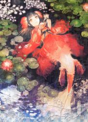 Rule 34 | 1girl, black hair, blunt bangs, chibi (shimon), eyelashes, fins, frown, head fins, japanese clothes, kimono, koi, lily pad, mermaid, monster girl, obi, original, partially submerged, personification, red eyes, sash, solo, water