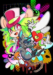 Rule 34 | 1girl, absurdres, animal ears, blush stickers, gloves, green hair, hat, heart (mad rat dead), highres, hole on body, leotard, mad rat, mad rat dead, mouse (animal), mouse ears, mouse girl, mouse tail, nightmares (mad rat dead), nippon ichi, rat god, red eyes, tail, top hat, wings