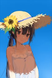 Rule 34 | 1girl, arms at sides, black hair, blue ribbon, blush, commentary request, dress, flower, glue, gradient background, hair between eyes, hat, hat flower, hat ribbon, long hair, nuudoru, original, ribbon, shadow, simple background, sky, smile, solo, straw hat, sundress, sunlight, sweat, upper body, very long hair
