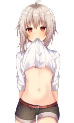 Rule 34 | 1girl, ahoge, bad id, bad pixiv id, belt, belt buckle, black shorts, blush, buckle, closed mouth, clothes in mouth, clothes lift, commentary request, cowboy shot, dress shirt, hair between eyes, lifting own clothes, light brown hair, looking at viewer, mouth hold, navel, omuretsu, original, red belt, red eyes, shirt, shirt in mouth, shirt lift, short shorts, short sleeves, shorts, simple background, solo, white background, white shirt