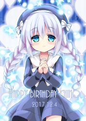 Rule 34 | 1girl, 2017, alternate hairstyle, balloon, beret, blue background, blue dress, blue eyes, blue hair, blue hat, blush, bow, braid, character name, closed mouth, collarbone, dated, dress, english text, glowing, gochuumon wa usagi desu ka?, hair between eyes, happy birthday, hat, himarisu (hida mari), kafuu chino, light particles, long hair, long sleeves, looking at viewer, low twintails, own hands clasped, own hands together, sailor dress, silhouette, smile, solo, star (symbol), striped, striped background, striped bow, twin braids, twintails, vertical stripes, white bow