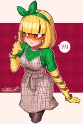 Rule 34 | 1girl, @ @, absurdres, alternate costume, arms (game), averting eyes, blonde hair, blunt bangs, blush, bracelet, contemporary, cropped legs, dress, earrings, green eyes, hair ribbon, hand up, highres, jewelry, min min (arms), nintendo, red background, ribbon, sarukaiwolf, solo