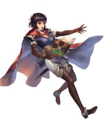 Rule 34 | 1girl, belt, book, brown hair, cape, cuboon, elbow gloves, fire emblem, fire emblem: thracia 776, fire emblem heroes, full body, gloves, highres, holding, holding book, jewelry, necklace, official art, olwen (fire emblem), pant, purple eyes, short hair, solo, sword, thighhighs, transparent background, weapon