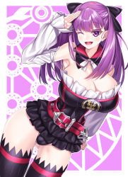 Rule 34 | 1girl, aged up, alternate breast size, alternate hair length, alternate hairstyle, bare shoulders, belt, black bow, black dress, black thighhighs, blush, border, bow, breasts, cleavage, detached collar, detached sleeves, dress, fate/grand order, fate (series), gluteal fold, hair bow, hand on own hip, helena blavatsky (fate), highres, large breasts, long hair, looking at viewer, one eye closed, open mouth, purple background, purple eyes, purple hair, salute, short dress, smile, strapless, strapless dress, thighhighs, thighs, watosu, white border, white sleeves