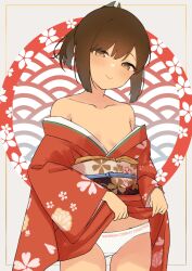 Rule 34 | 1girl, bare shoulders, blush, breasts, brown eyes, brown hair, clothes lift, floral print, highres, i-401 (kancolle), japanese clothes, kantai collection, kimono, kimono lift, lifted by self, long sleeves, looking at viewer, obi, off shoulder, panties, red kimono, sakieko, sash, small breasts, smile, solo, underwear, white panties, wide sleeves