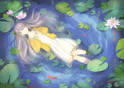 Rule 34 | 1girl, afloat, bad id, bad pixiv id, casual, dress, flower, grey hair, hair ornament, hands on own chest, long hair, lotus, lying, mame (yangqi787), original, solo, sweater, white dress