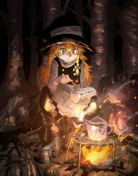 Rule 34 | 1girl, apron, backpack, bag, bare tree, black hat, black skirt, black vest, blonde hair, book, boots, bow, braid, brown footwear, buttons, campfire, closed mouth, cup, fire, frilled apron, frills, full body, hair bow, hat, highres, holding, holding book, inuyama konan, kettle, kirisame marisa, long hair, long sleeves, mug, night, open book, outdoors, reading, shirt, single braid, sitting, skirt, solo, star (sky), steam, touhou, tree, turtleneck, vest, waist apron, white apron, white bow, white shirt, witch hat, yellow eyes