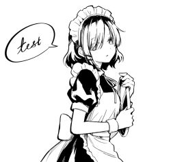 Rule 34 | 1girl, alternate costume, apron, bocchi the rock!, closed mouth, cowboy shot, dress, enmaided, expressionless, frilled apron, frilled hairband, frills, from side, greyscale, hair ornament, hairband, hairclip, holding, holding tray, looking at viewer, looking to the side, maid, maid apron, maid headdress, meijin kusano, monochrome, puffy short sleeves, puffy sleeves, short hair, short sleeves, solo, speech bubble, tray, wristband, yamada ryo