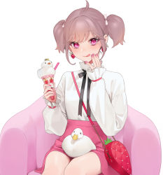 Rule 34 | 1girl, animal, animal on lap, bag, bird, black ribbon, bow, brown hair, closed mouth, commentary request, drink, drinking straw, duck, earrings, food, food-themed earrings, food themed earrings, fruit, hair bow, hand up, highres, holding, holding drink, jewelry, kirara akaru, licking lips, long sleeves, looking at viewer, nail polish, neck ribbon, ohisashiburi, on chair, on lap, original, pink eyes, pink nails, pink skirt, project luminasys, ribbon, shirt, shirt tucked in, short twintails, shoulder bag, sitting, skirt, sleeves past wrists, solo, strawberry, strawberry earrings, tongue, tongue out, twintails, white background, white bow, white shirt