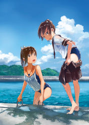 Rule 34 | 2girls, absurdres, barefoot, blue sky, brown eyes, brown hair, cloud, commentary request, day, highres, i-401 (kancolle), kantai collection, kusakabe (kusakabeworks), multiple girls, one-piece swimsuit, ponytail, sailor collar, school uniform, serafuku, shikinami (kancolle), shirt, short hair, short ponytail, skirt, unworn skirt, sky, swimsuit, swimsuit under clothes, wet, wet clothes, wet hair, wet shirt