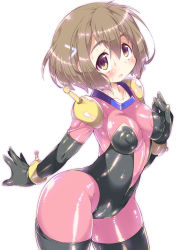 Rule 34 | 1girl, black bodysuit, bodysuit, breasts, brown eyes, brown hair, collarbone, cosplay, covered erect nipples, cowboy shot, g gundam, gundam, gundam build divers, gundam build divers re:rise, impossible bodysuit, impossible clothes, kanibasami, large areolae, large nipples, mobile trace suit, mukai hinata, multicolored bodysuit, multicolored clothes, nipples, pink bodysuit, rain mikamura, rain mikamura (cosplay), short hair, skin tight, solo, sweat, trait connection