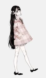 Rule 34 | 1girl, black footwear, black hair, blunt bangs, blush, bow, coat, eyelashes, from side, full body, grey background, grey skirt, hair bow, hair ribbon, hands in pockets, highres, jacket, long hair, long sleeves, looking at viewer, mary janes, original, over-kneehighs, plaid, plaid coat, pleated skirt, ribbon, shikishima (eiri), shoes, simple background, skirt, solo, standing, thighhighs, very long hair, walking, white thighhighs, zettai ryouiki