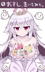 Rule 34 | 1girl, bare shoulders, blush, breasts, cleavage, closed mouth, collarbone, crown, disembodied limb, dress, elbow gloves, expressionless, fish (food), food, food stand, ghost, gloves, highres, large breasts, lond04284304, long hair, looking at viewer, luigi&#039;s mansion, mario (series), new super mario bros. u deluxe, nintendo, off-shoulder dress, off shoulder, pale skin, princess king boo, purple eyes, sashimi, super crown, translation request, upper body, white dress, white gloves, white hair