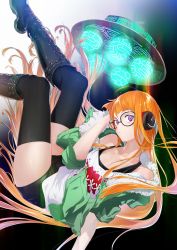 Rule 34 | 10s, 1girl, bad id, bad twitter id, bare shoulders, black thighhighs, boots, cross-laced footwear, fur trim, glasses, headphones, highres, jacket, lace-up boots, necronomicon (persona 5), orange hair, persona, persona 5, purple eyes, ryokucha (i cobalt), sakura futaba, short shorts, shorts, tank top, thighhighs, thighhighs under boots, ufo