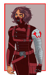 Rule 34 | 1girl, adoralai, aqua eyes, assassin, belt, bob cut, border, brown hair, buckle, catra, cosplay, crossover, cyborg, dark-skinned female, dark skin, freckles, glaring, harness, heterochromia, highres, marvel, mask, mechanical arms, mechanical parts, messy hair, mouth mask, she-ra and the princesses of power, short hair, single mechanical arm, slit pupils, solo, symbol, white background, winter soldier, winter soldier (cosplay), yellow eyes