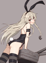 Rule 34 | 1girl, :d, ahoge, alternate costume, anchor symbol, animal ears, arm strap, ass, bare shoulders, black hairband, black leotard, blonde hair, brown eyes, fake animal ears, fake tail, from side, grey background, hairband, highres, kantai collection, leaning forward, leotard, long hair, looking at viewer, looking to the side, open mouth, playboy bunny, rabbit ears, rabbit tail, rensouhou-chan, ribbon, shimakaze (kancolle), side-tie leotard, simple background, smile, solo, striped clothes, striped thighhighs, tail, takanashi kei (hitsujikan), thighhighs, turret, very long hair, white ribbon