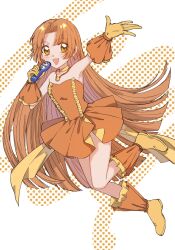 Rule 34 | 1girl, :d, arm up, bare shoulders, blush, boots, bracelet, chexx60, dress, earrings, gloves, highres, holding, holding microphone, idol, jewelry, long hair, magical girl, mermaid melody pichi pichi pitch, microphone, necklace, open mouth, orange dress, orange eyes, orange hair, pearl bracelet, seashell, seira (mermaid melody pichi pichi pitch), shell, shell necklace, simple background, smile, very long hair