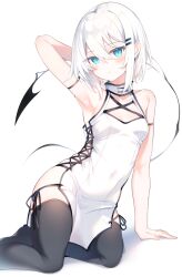 Rule 34 | 1girl, arm behind head, armpits, black thighhighs, blue eyes, breasts, china dress, chinese clothes, cleavage, closed mouth, commentary request, dress, highres, looking at viewer, original, otokuyou, ringo-chan (otokuyou), short hair, simple background, sitting, small breasts, solo, tail, thighhighs, white background, white dress, white hair
