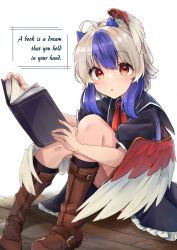 Rule 34 | 1girl, ahoge, black dress, black legwear, blue dress, blue hair, book, boots, bow, bowtie, brown footwear, capelet, dress, english text, frills, gunsou1350, head wings, highres, holding, holding book, horns, knees, knees up, looking at viewer, medium hair, multicolored eyes, multicolored hair, open mouth, orange eyes, red bow, red bowtie, red eyes, short sleeves, sitting, socks, strap, tokiko (touhou), touhou, two-tone hair, two-tone wings, white hair, wings, wooden floor