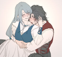 Rule 34 | 1boy, 1girl, biting, black hair, blush, clive rosfield, couple, facial hair, final fantasy, final fantasy xvi, grey hair, hetero, hug, hug from behind, jill warrick, kiss, kissing neck, licking, long hair, looking at another, one eye closed, open clothes, scar, scar on face, short hair, sitting, sitting on lap, sitting on person, soo (sr00a2ht)
