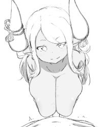 Rule 34 | 1boy, 1girl, breasts squeezed together, breasts, cleavage, draph, granblue fantasy, hetero, highres, horns, kumbhira (granblue fantasy), large breasts, looking at viewer, monochrome, paizuri, penis, perpendicular paizuri, pointy ears, pov, smile, solo focus, syokopoko (zurikichi)