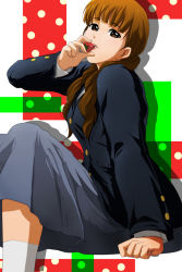 Rule 34 | 1girl, 71, bad id, bad pixiv id, brown eyes, brown hair, extra, food, fruit, holding, holding food, holding fruit, k-on!, long hair, name connection, object namesake, school uniform, solo, strawberry, wakaouji ichigo