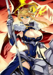 Rule 34 | 1girl, ahoge, armor, artoria pendragon (fate), artoria pendragon (lancer) (fate), blonde hair, braid, breasts, cape, cleavage, colored eyelashes, covered navel, crown, fate/grand order, fate (series), flag, fur trim, gauntlets, green eyes, hair between eyes, heattech leotard, holding, holding flag, horseback riding, ishida akira, large breasts, long hair, looking at viewer, official art, outdoors, riding, smile, solo, sunset, turtleneck