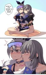 Rule 34 | 2girls, 2koma, absurdres, barefoot, black shorts, blush, bow, collarbone, comic, commentary, english commentary, english text, fur-trimmed jacket, fur trim, goggles, goggles on head, grey eyes, grey hair, hair bow, handheld game console, hands on another&#039;s stomach, high ponytail, highres, hinghoi, holding, holding handheld game console, honkai: star rail, honkai (series), hug, hug from behind, jacket, licking, licking another&#039;s neck, licking another&#039;s neck, long hair, looking at another, midriff, multiple girls, navel, nintendo switch, open mouth, patreon username, saliva, short shorts, shorts, silver wolf (honkai: star rail), sitting, stelle (honkai: star rail), sweatdrop, tongue, tongue out, trailblazer (honkai: star rail), yellow eyes, yuri