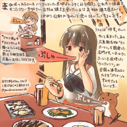 Rule 34 | 10s, 2girls, admiral (kancolle), akagi (kancolle), alcohol, armor, beer, beer mug, breastplate, brown eyes, brown hair, chopsticks, commentary request, cup, dated, food, hamster, hand on own cheek, hand on own face, japanese clothes, kantai collection, kirisawa juuzou, long hair, mug, multiple girls, non-human admiral (kancolle), nontraditional miko, traditional media, translation request, twitter username