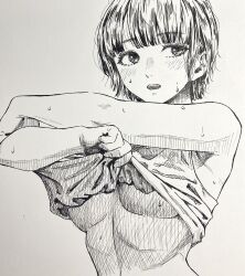 Rule 34 | 1girl, blunt bangs, breasts, clothes lift, crossed arms, crosshatching, hatching, hatching (texture), highres, light blush, looking to the side, makki (tobaccos), medium breasts, monochrome, open mouth, original, pen (medium), shirt lift, short hair, solo, sweat, sweatdrop, tank top, traditional media, underboob