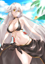 Rule 34 | 1girl, absurdres, ahoge, bikini, black bikini, black sarong, blue sky, bracelet, breasts, cleavage, cloud, collarbone, commentary request, day, fate/grand order, fate (series), grin, hair between eyes, heroic spirit festival outfit, highres, jeanne d&#039;arc alter (swimsuit berserker) (fate), jeanne d&#039;arc (fate), jeanne d&#039;arc alter (fate), jeanne d&#039;arc alter (festival outfit) (fate), jewelry, large breasts, long hair, looking at viewer, navel, ocean, official alternate costume, palm tree, sarong, silver hair, sky, smile, solo, sunlight, swimsuit, tree, very long hair, viet (yomi0556), yellow eyes