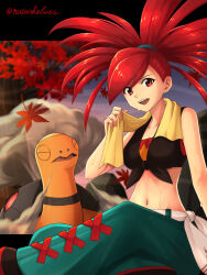 1girl :d absurdres autumn_leaves black_footwear collarbone commentary_request creatures_(company) flannery_(pokemon) game_freak gen_3_pokemon green_pants happy highres leaf midriff navel nintendo open_mouth outdoors pants pokemon pokemon_(creature) pokemon_oras ponytail red_eyes red_hair sherufu_(natashelves) shirt shoes sky smile sweat teeth tied_shirt torkoal towel towel_around_neck tree upper_teeth_only