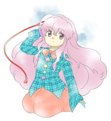 Rule 34 | 1girl, arm up, big hair, bow, bowtie, bubble skirt, closed mouth, flat chest, hair between eyes, hata no kokoro, long hair, long sleeves, mask, nonamejd, official style, pink eyes, pink hair, plaid, plaid shirt, red bow, red bowtie, red skirt, shirt, skirt, solo, star (symbol), touhou, zun (style)