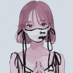 Rule 34 | 1girl, black eyes, collarbone, grey background, highres, looking at viewer, mask, mouth mask, original, own hands together, pink hair, print mask, short hair, simple background, solo, tami moon, white mask