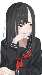 Rule 34 | 1girl, absurdres, arm rest, asymmetrical bangs, black hair, black serafuku, blush, colored inner hair, covering own mouth, eunhwa (nikke), forehead, goddess of victory: nikke, hand over own mouth, highres, isayshow, long hair, looking away, multicolored hair, neckerchief, purple eyes, purple hair, red neckerchief, school uniform, serafuku, simple background, solo, white background