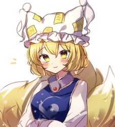 Rule 34 | 1girl, animal hat, blonde hair, closed mouth, fox tail, hands in opposite sleeves, hat, highres, looking at viewer, mob cap, moshihimechan, multiple tails, short hair, simple background, solo, tabard, tail, touhou, upper body, white background, white hat, yakumo ran, yellow eyes