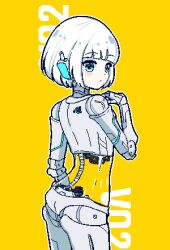 Rule 34 | 1girl, blue eyes, blush, chibikki, colored skin, commentary, from behind, hand up, highres, joints, looking to the side, mechanical arms, nude, open mouth, original, robot ears, robot girl, robot joints, simple background, see-through body, white hair, white skin, wire, yellow background