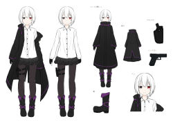 Rule 34 | 1girl, aoi thomas, black footwear, black gloves, black jacket, black skirt, boots, brown pantyhose, character sheet, closed mouth, collared shirt, dress shirt, eyebrows hidden by hair, fingerless gloves, glock, gloves, grey eyes, gun, hair between eyes, handgun, heterochromia, holster, jacket, layered skirt, light smile, long sleeves, looking at viewer, multiple views, off shoulder, open clothes, open jacket, original, pantyhose, pistol, pleated skirt, red eyes, shirt, simple background, skirt, sleeves past wrists, thigh holster, translation request, virtual youtuber, weapon, weapon request, white background, white hair, white shirt
