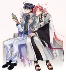 2boys ? ^_^ ahoge black_footwear black_hair black_kimono blue_eyes blue_shirt blush book closed_eyes closed_mouth coat coat_on_shoulders collared_coat collared_shirt commentary_request dragon_print earclip earrings eyebrow_cut eyewear_strap fate/grand_order fate_(series) glasses grey_coat grey_hair hair_between_eyes hair_over_one_eye hakama hand_up heart highres holding holding_book jacket japanese_clothes jewelry kimono lapels long_hair long_sleeves low_ponytail male_focus multicolored_hair multiple_boys nagatekkou necktie one_eye_covered open_book open_clothes open_jacket pants parted_bangs parted_lips pectoral_cleavage pectorals pink_hair ponytail print_necktie red_hair round_eyewear sandals shirt shoes short_hair sideways_glance simple_background sitting smile speech_bubble spoken_heart spoken_question_mark streaked_hair striped_clothes striped_shirt takasugi_shinsaku_(fate) toes torn_clothes torn_coat v-shaped_eyebrows vertical-striped_clothes vertical-striped_shirt very_long_hair white_background white_hakama white_jacket white_pants wide_sleeves wing_collar yaoi yellow_necktie yoshida_shouin_(fate) yuu_(areruya)