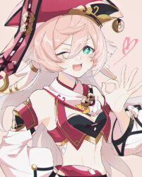 1girl antlers bare_shoulders breasts crop_top detached_sleeves genshin_impact green_eyes hair_between_eyes hat highres horns long_hair long_sleeves looking_at_viewer medium_breasts midriff mizuamememe navel one_eye_closed open_mouth pink_hair red_hat smile solo stomach white_sleeves yanfei_(genshin_impact)